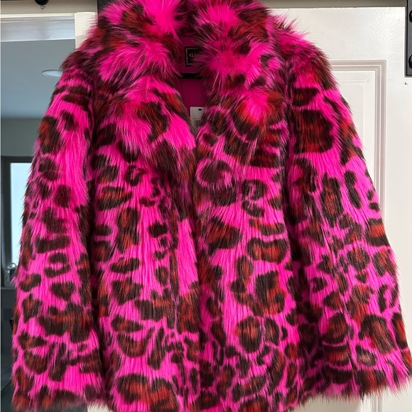 NWT Guess Vibrant Pink Leopard Faux Fur Coat - Picture 2 of 6